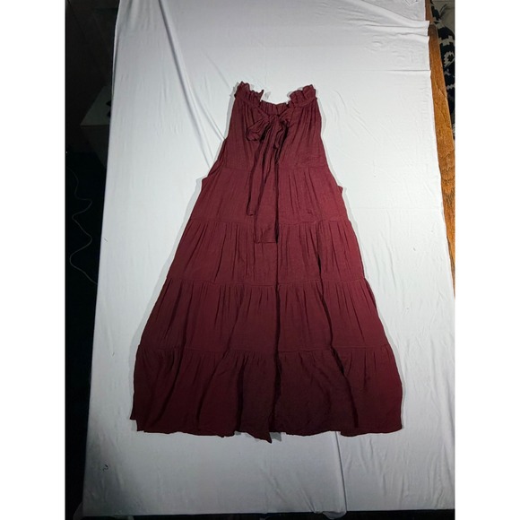 Entro Burgundy Tiered Ruffle Neck Tie Back Mini Dress Small Maroon Boho - Picture 2 of 7